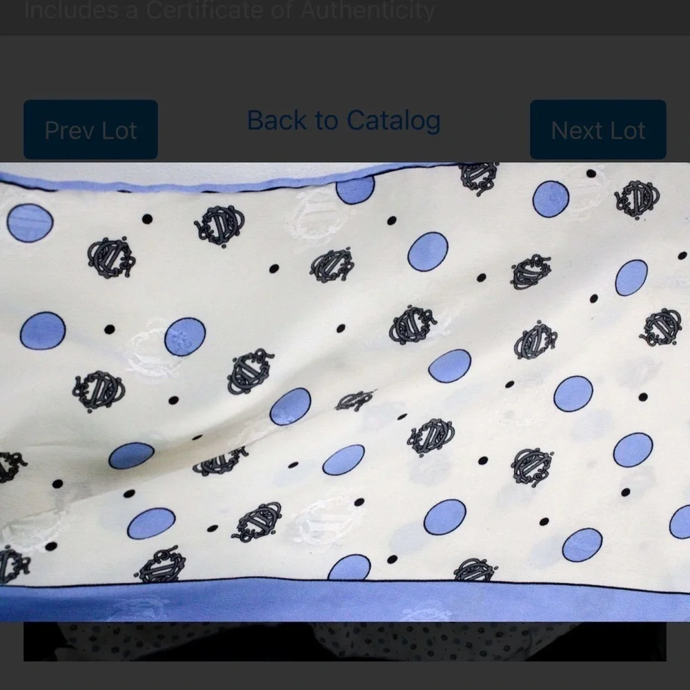 Authentic Dior White and Light Blue Polka Dot Silk Scarf with Black Emblem